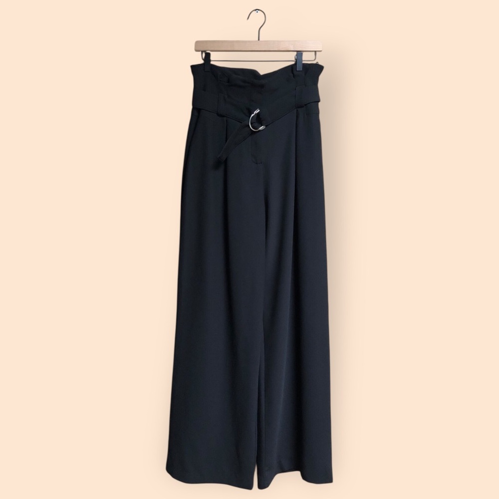 High-Waist Wide Leg Pants with Belt - Black